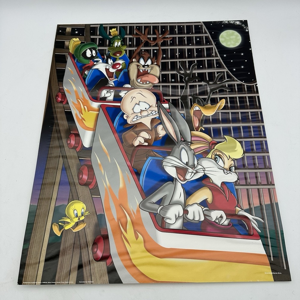 Vintage 1998 Warner Bros Looney Tunes Roller Coaster Poster 16x20 Bugs Bunny Taz
